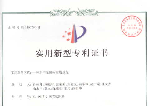 专利授权号：ZL—201520041156.4；专利：一种新型除磷树脂塔系统