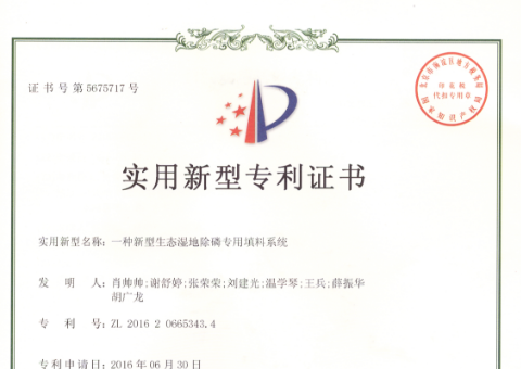 专利授权号：ZL—201620665343.4；专利：一种新型生态湿地除磷专用填料系统